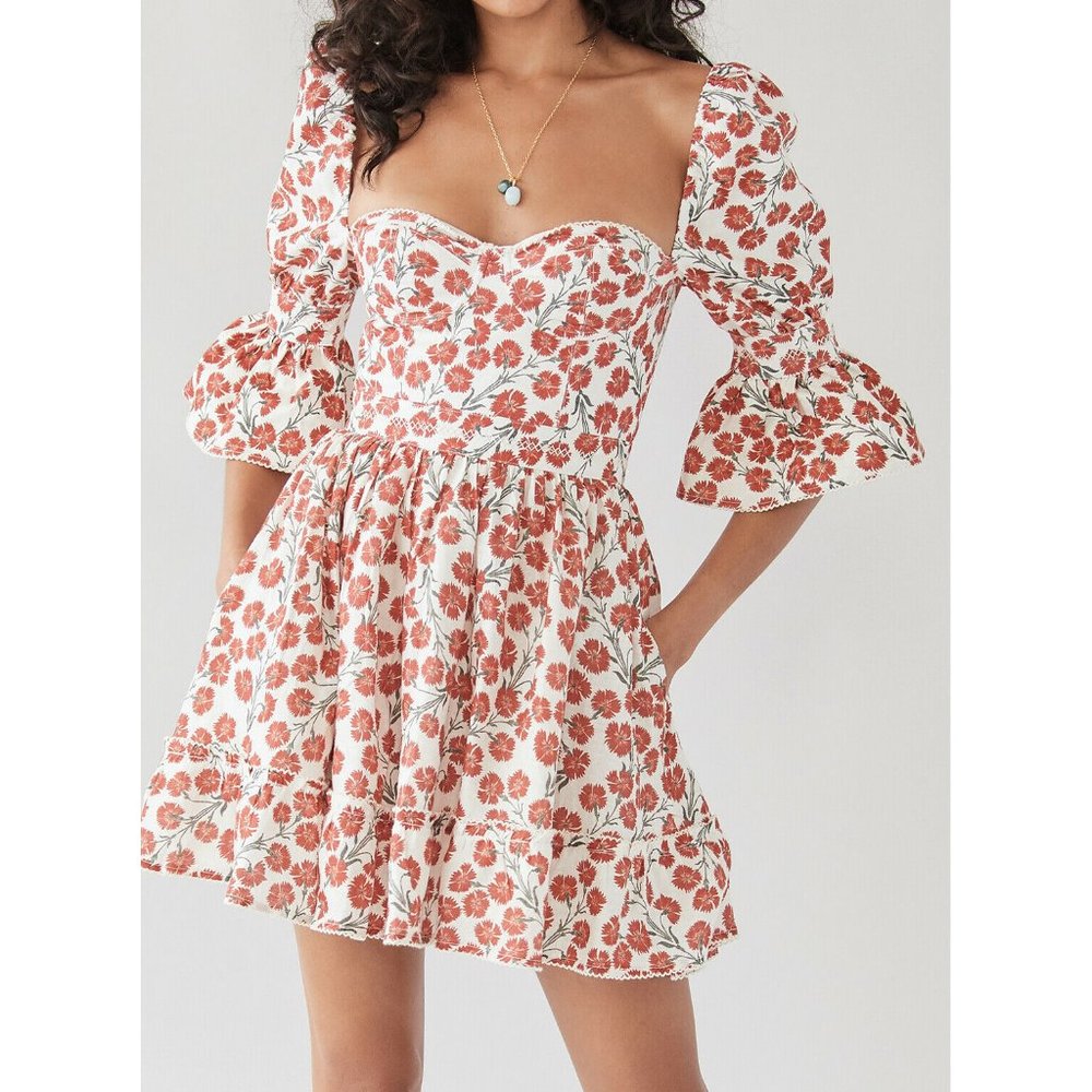 NWT Agua Bendita Cedro Sweetheart Neck Bermelo Print Mini Dress Floral Cotton S